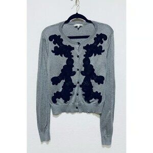 Cabi Cardigan Sweater Womens Medium Gray Lace Applique Button Up Cottagecore